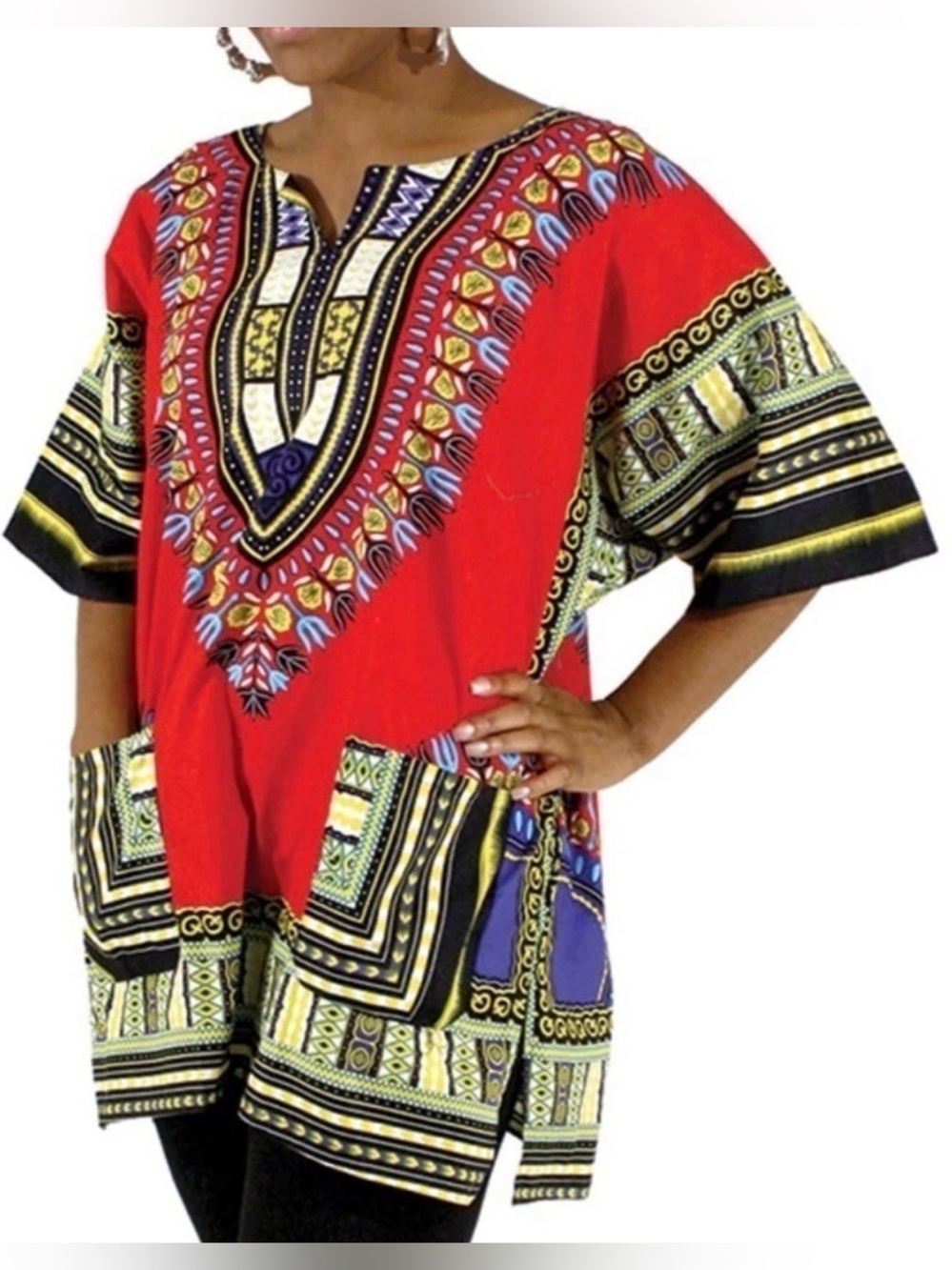 Dashiki Red with Multi colors cotton tunic size S